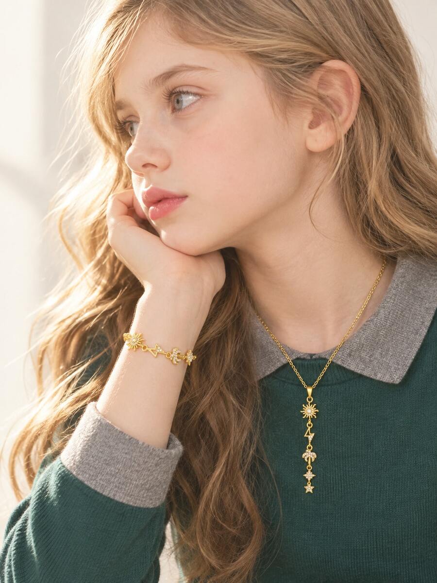 2pcs/Set Gold Sun Star Palm Tree Charm Necklace Bracelet Copper Cubic Zirconia Kids Jewelry For Girls Dainty Daily Wear Party Birthday Gift - Gold - View 1