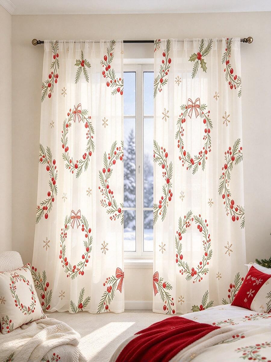 Christmas Wreath Snowflake Sheer Curtains 2 Panels, Rod Pocket Light Filtering Window Drapes, Holiday Home Window Decor - Multicolor - View 1