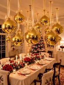 12Pcs Oversized Gold Christmas Ball Decorations, Metallic Hanging Ornament Set With Long Ribbon & Glue Dots, Giant Ceiling Baubles For Xmas Party, Wedding, Home & Holiday Decor - Set a - View 3