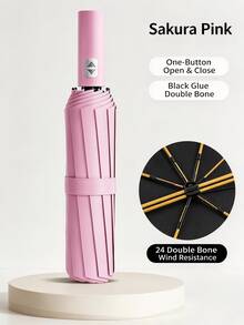 24 Double Bone Automatic Folding Umbrella, Black Glue Coating, One Button Open Close, Windproof Rainproof Sun Shade, Portable For Daily Commute Outdoor Travel - Multiple Styles - View 19