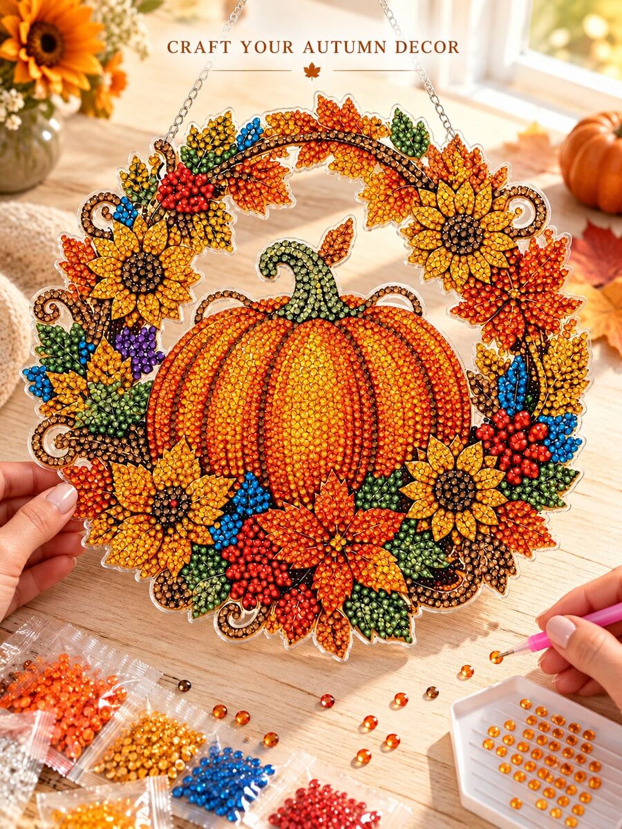 Bộ tranh đính đá kim cương bí ngô thu hoạch mùa thu 25cm, bộ thủ công nghệ thuật đính đá bí ngô trang trí Halloween, bao gồm bảng acrylic và đá pha lê lấp lánh, bộ trang trí bóng bẩy – trang trí nhà cửa Halloween - Phổ thông - Xem 1