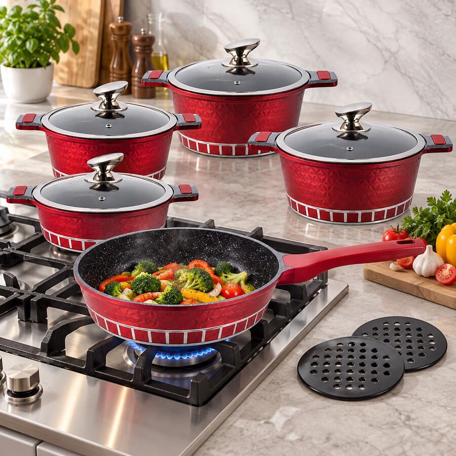 11-Piece Cookware Set With Granite-Style Coating, 4 Pots With Lids, Frying Pan And 2 Trivets, For Everyday Cooking - View 1