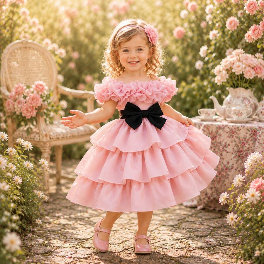 Toddler Girls' Ruffle Bow Tulle Party Dress, Cute Flower Girl Princess Dress Suitable For Holiday Party, Wedding, Banquet - Pink - View 1