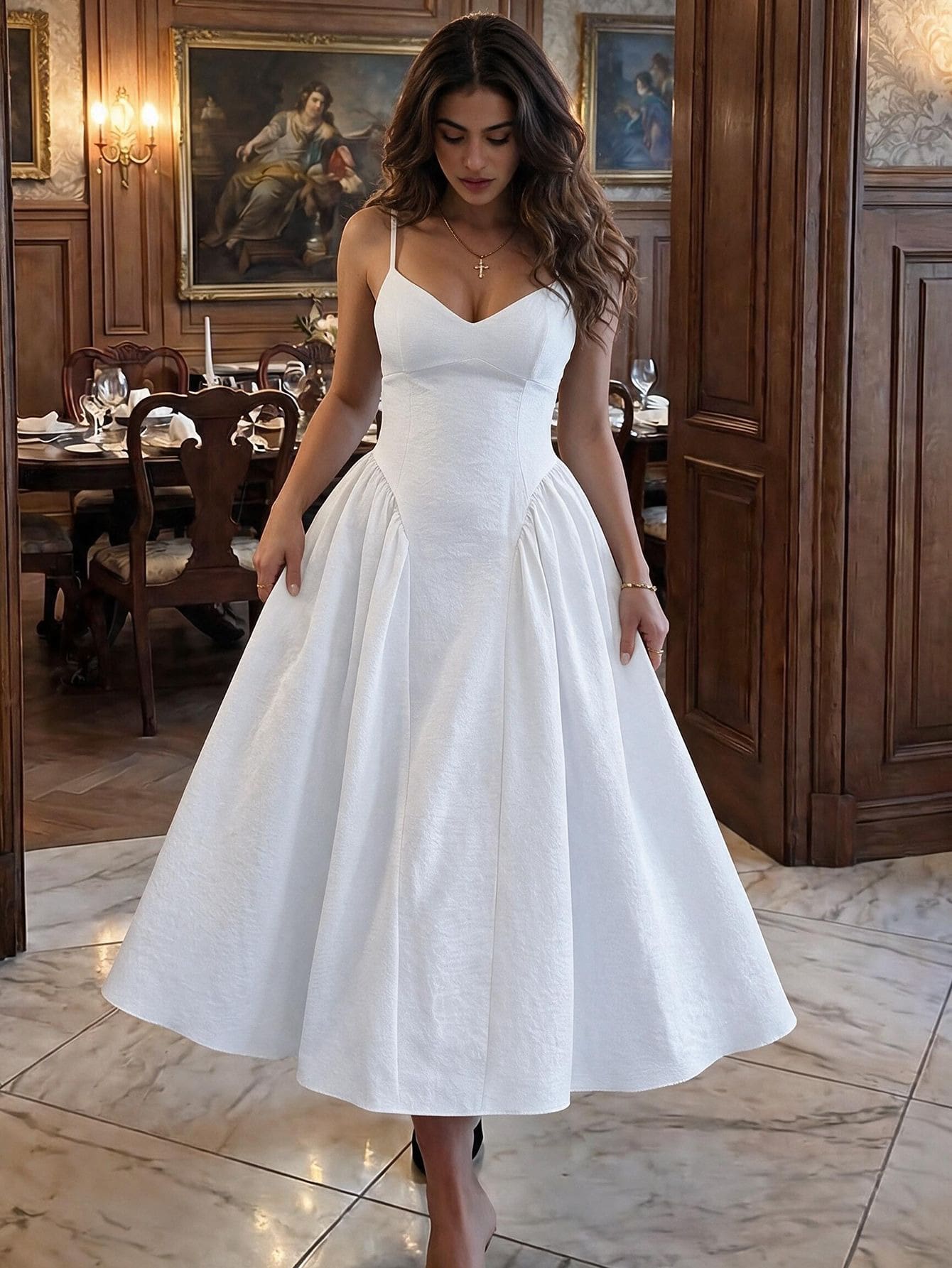 Unadoll Women's White Spaghetti Strap Midi Dress, V-Neck Tie Back Open Back A-Line Skirt, Suitable For Birthday Party, Autumn Date Night