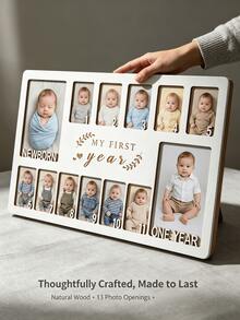 My First Year Wooden Photo Frame, 12-Month Milestone Photo Display, Newborn Keepsake & 1st Birthday Decoration Gift - White - View 11