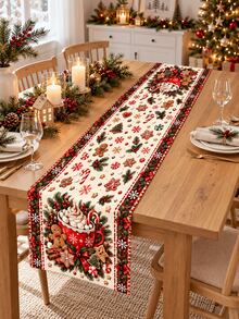 1pc Gingerbread Man Christmas Table Runner, Hot Cocoa Candy Cane Snowflake Pinecone Berry Linen Texture Tablecloth, Christmas Winter Holiday Kitchen Dining Table Decor, Home Dinner Indoor Christmas Party - Multicolor - View 8