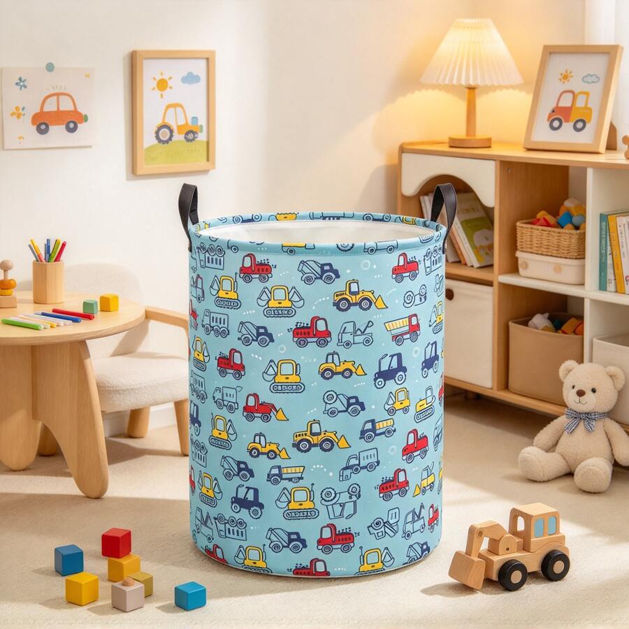1pc Cartoon Washing Machine Print Storage Basket, Foldable Laundry Basket With Handle, Suitable For Clothes And Miscellaneous Items Multi-Functional Storage, Home Decor, Room Decor, Bedroom Decor - Blue - View 1
