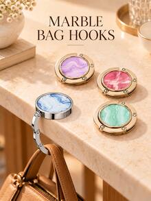 Elegant Round Marble-Pattern Design With Glossy Metal Details, Portable Foldable Metal Tabletop Schoolbag Hook For Students, Handbag Hanger And Bag Hanging Accessory For Classroom Desks, Cafes, Offices, Travel And Birthday Gifts, Key Holder. - Multicolor - View 3