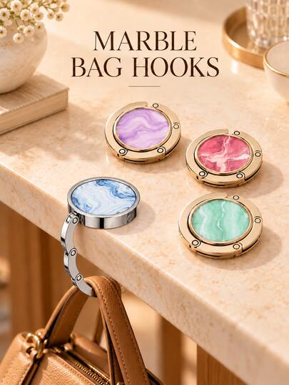 Elegant Round Marble-Pattern Design With Glossy Metal Details, Portable Foldable Metal Tabletop Schoolbag Hook For Students, Handbag Hanger And Bag Hanging Accessory For Classroom Desks, Cafes, Offices, Travel And Birthday Gifts, Key Holder.