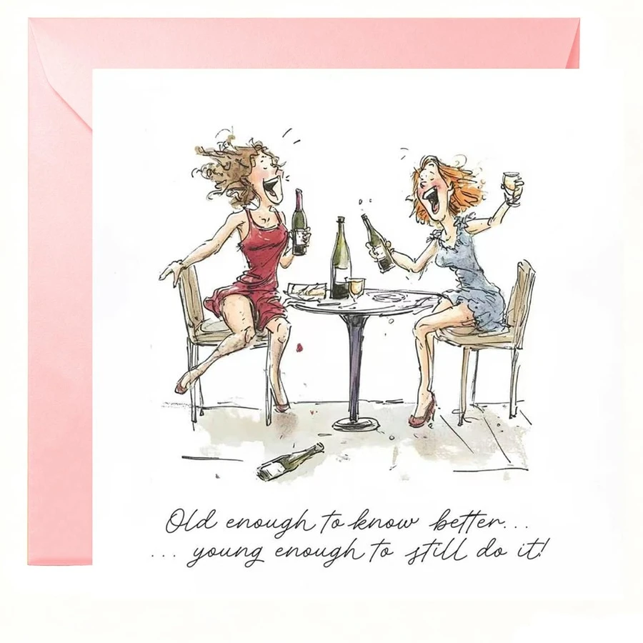 1pc Square Funny Best Friend Birthday Greeting Card, Cartoon Ladies Drinking Wine Design Card, Old Enough To Know Better Young Enough To Still Do It Quote Card For BFF Birthday Party Gift Large Thick Envelopes & Cards - Multicolor - View 1