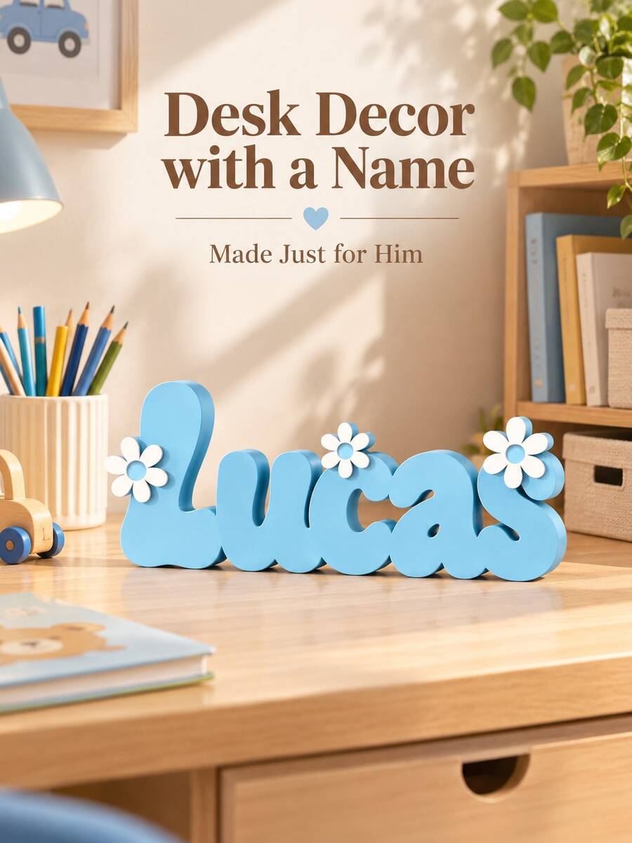 1pc Personalized Custom Name Plate, PVC Name With Exquisite Acrylic Name And Initial Desktop Decoration, Featuring Floral, Cloud And Balloon Patterns, Freestanding Bedroom Desk Decor, Suitable As Birthday And Anniversary Gift For Her - Multicolor - View 1