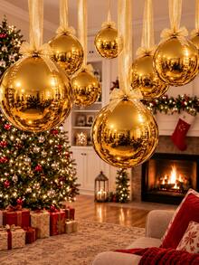 12Pcs Oversized Gold Christmas Ball Decorations, Metallic Hanging Ornament Set With Long Ribbon & Glue Dots, Giant Ceiling Baubles For Xmas Party, Wedding, Home & Holiday Decor - Set a - View 1