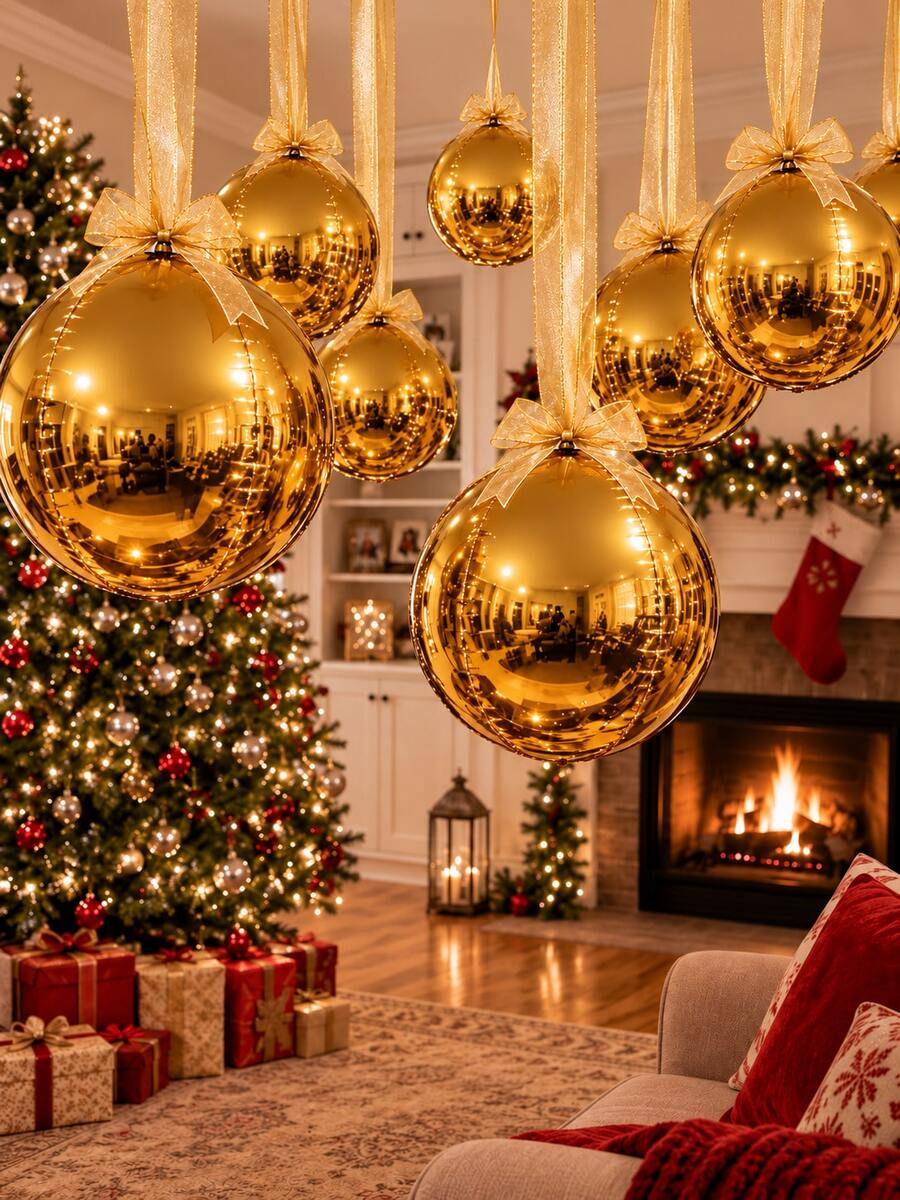 12Pcs Oversized Gold Christmas Ball Decorations, Metallic Hanging Ornament Set With Long Ribbon & Glue Dots, Giant Ceiling Baubles For Xmas Party, Wedding, Home & Holiday Decor - Set a - View 1