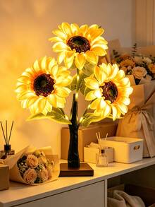 1PC 3 Sunflower Glowing Tree Lamp 45CM, Single Flower Head 15CM, USB & Battery Dual-Use Warm Light, Artificial Sunflower Table Lamp, Room Decor, Wedding Party Holiday Atmosphere Decorative Ornament - Warm White - View 2