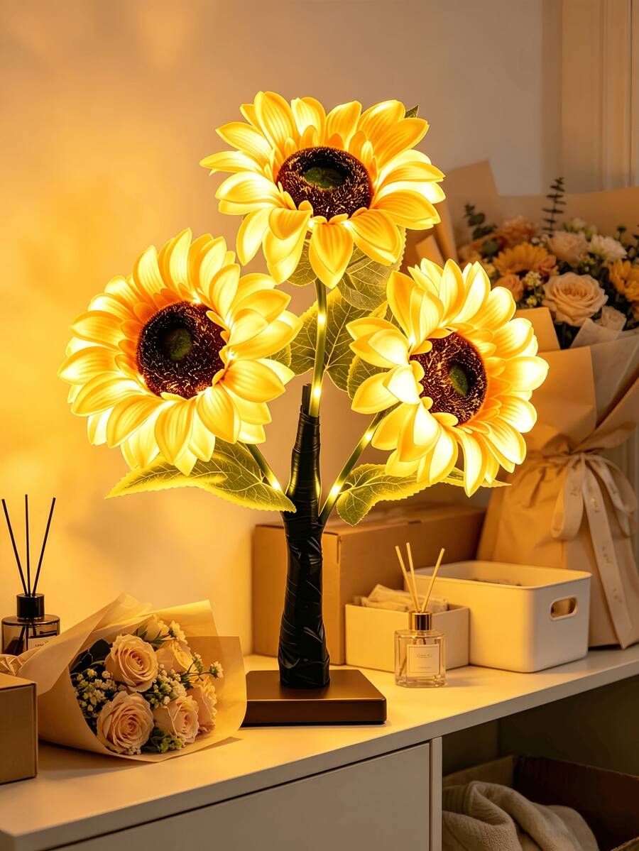 1PC 3 Sunflower Glowing Tree Lamp 45CM, Single Flower Head 15CM, USB & Battery Dual-Use Warm Light, Artificial Sunflower Table Lamp, Room Decor, Wedding Party Holiday Atmosphere Decorative Ornament