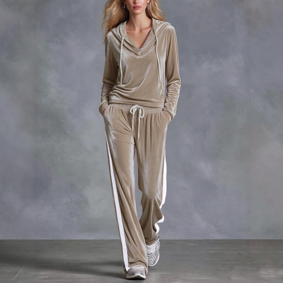 Solid Color V-Neck Gold Velvet Knit Long Sleeve Casual Hoodie Top And Long Pants 2 Pieces Set - Apricot - View 1