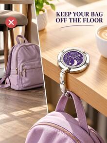 Elegant Round Clock-Pattern Design With Moon And Star Details, Portable Foldable Metal Tabletop Schoolbag Hook For Students, Handbag Hanger And Bag Hanging Accessory For Classroom Desks, Cafes, Offices, Travel And Birthday Gifts, Key Holder. - Multicolor - View 3