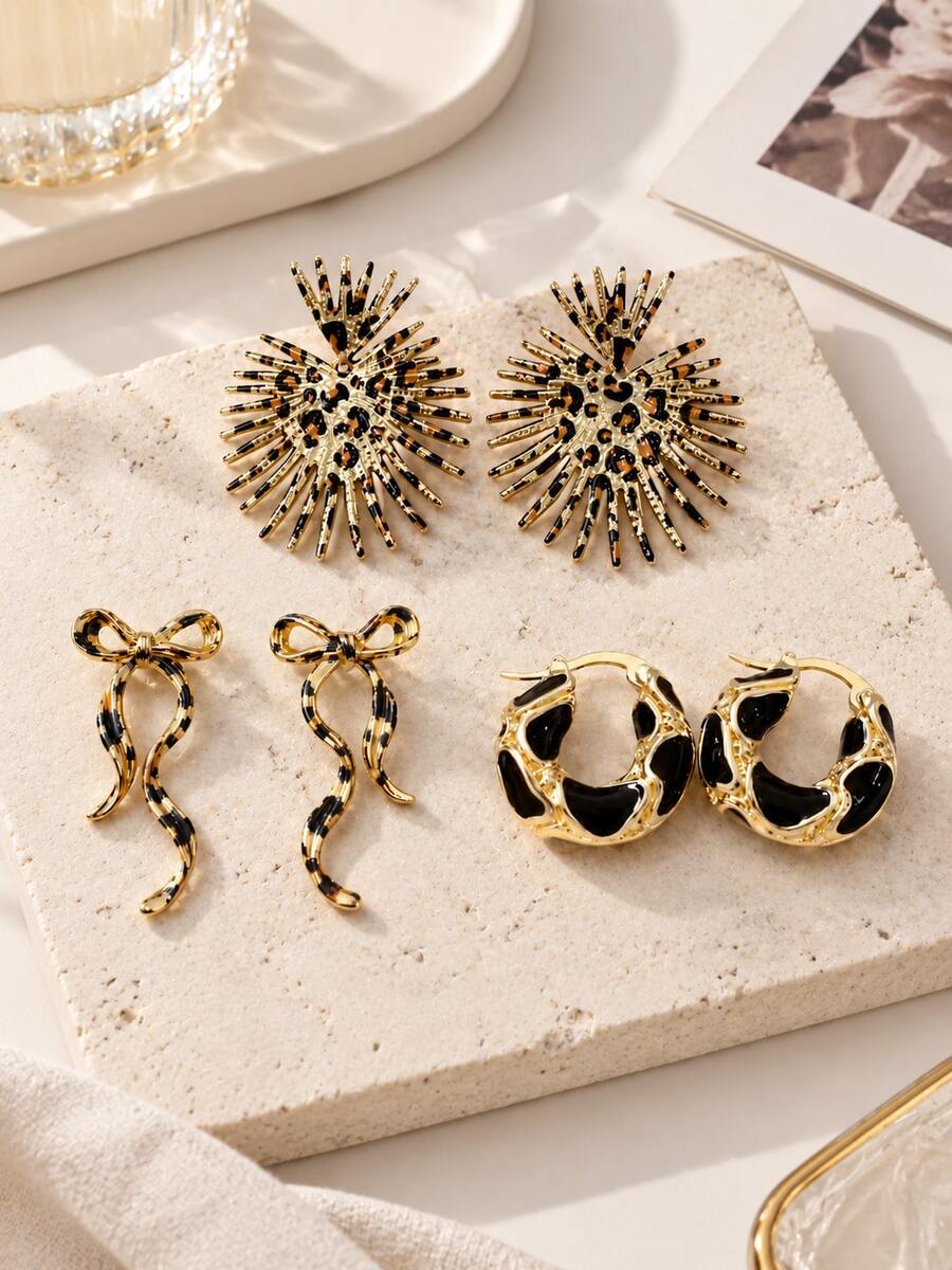 1/3Pairs Gold Leopard Print Earrings Set, Statement Sunburst Studs Bow Drop Dangle & Black Enamel Hoop Earrings, Elegant Jewelry Gift For Women - Multicolor - View 1