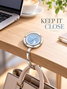 Elegant Round Clock-Pattern Design With Moon And Star Details, Portable Foldable Metal Tabletop Schoolbag Hook For Students, Handbag Hanger And Bag Hanging Accessory For Classroom Desks, Cafes, Offices, Travel And Birthday Gifts, Key Holder. - Multicolor - View 5