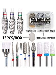 13Pcs Nail Drill Bits Set With 60Pcs Replacement Sandpaper Discs, 25mm Metal Nail Bit, Cuticle Dead Skin Remover For Acrylic Gel Nails, Manicure Pedicure Kit For Salon & DIY Home Use - Multicolor - View 1