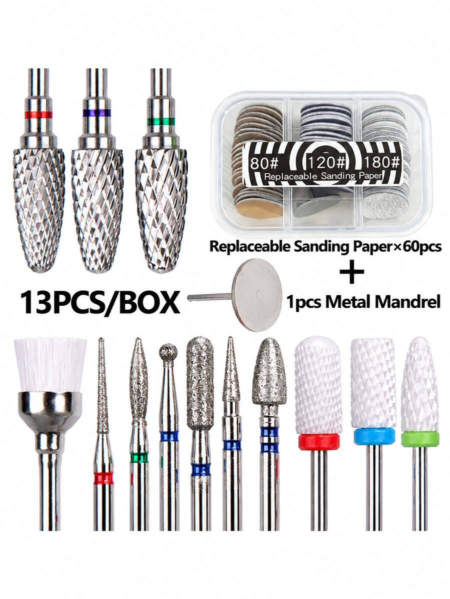 13Pcs Nail Drill Bits Set With 60Pcs Replacement Sandpaper Discs, 25mm Metal Nail Bit, Cuticle Dead Skin Remover For Acrylic Gel Nails, Manicure Pedicure Kit For Salon & DIY Home Use - Multicolor - View 1