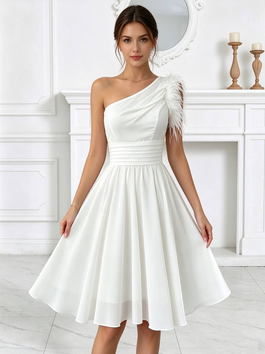 Women's Wedding Bride Gift Party Dress, Chiffon Shoulder Design Party Evening Gown, Feather Cocktail Party Dress, School Formal Dress White Fall - White - View 1