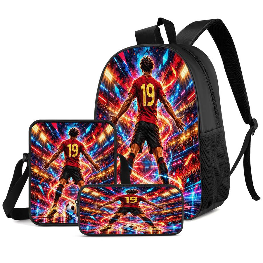 Neon Glow Line #19 Player Print 3 Pieces Set: Large Capacity Backpack + Crossbody Bag + Pencil Case, Adjustable Breathable Shoulder Straps, Modern Fashion Art Style Fan Sports Commute Storage Set - Printed Bag - View 1