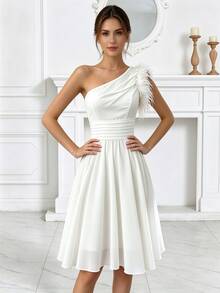 Women's Wedding Bride Gift Party Dress, Chiffon Shoulder Design Party Evening Gown, Feather Cocktail Party Dress, School Formal Dress White Fall - White - View 4