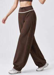 Never me Women's Sports Long Pants Yoga Pilates Loose Tapered Leg Drawstring Waist Design Patchwork Stripe - Dark Brown - View 5