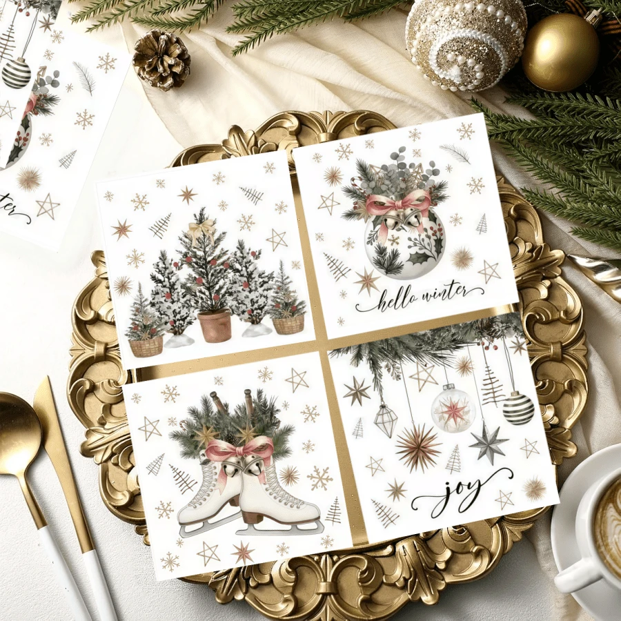 20pcs Christmas Cocktail Party Napkins, 4 Styles, Each Style Printed With Holiday Letters, Christmas Trees, Christmas Balls, Skates, Stars And So On. Colorful Christmas Design Patterns, Suitable For Christmas, Various Occasions And Special Events. - View 1