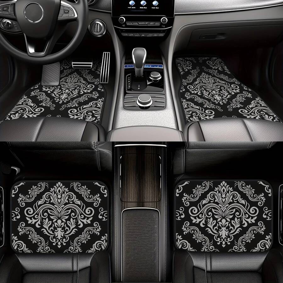Luxury Damask Print Car Floor Mats 4 Piece Set - Universal Fit Interior Protection For Cars SUVs And Trucks - Sophisticated Black And White Floral Design - Multicolor - View 1