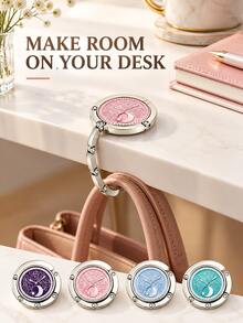 Elegant Round Clock-Pattern Design With Moon And Star Details, Portable Foldable Metal Tabletop Schoolbag Hook For Students, Handbag Hanger And Bag Hanging Accessory For Classroom Desks, Cafes, Offices, Travel And Birthday Gifts, Key Holder. - Multicolor - View 4