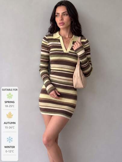 SUNSTORY Women's Elegant Striped Slim Fit Short Sweater Dress, Autumn/Winter, Suitable For Commuting, Dating, Party, Streetwear, Photography, New Year Outfit