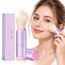 SPF30 Mineral Powder Sunscreen Brush, Lightweight Transparent Face Powder With Soft Brush, Portable Oil-Control Touch-Up Powder For Daily Summer Outdoor Travel, 8g - Mauve Purple - View 1