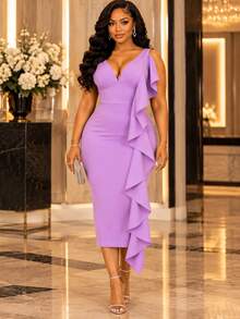 AOMEI Women's Lavender Sexy Deep V-Neck Asymmetric Layered Ruffle Mid-Length Sleeveless Fitted Formal Evening Dress, Suitable For Wedding Guests And Parties - Lilac Purple - View 1