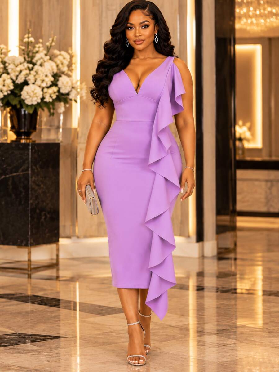 AOMEI Women's Lavender Sexy Deep V-Neck Asymmetric Layered Ruffle Mid-Length Sleeveless Fitted Formal Evening Dress, Suitable For Wedding Guests And Parties - Lilac Purple - View 1