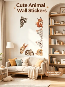 Cute Peeking Forest Animals Wall Stickers, Removable And Residue-Free Self-Adhesive PVC Decals, For Living Room, Bedroom, Wardrobe Doors, Cabinets, Kindergarten DIY Cartoon Decor - Wall Stickers - View 4