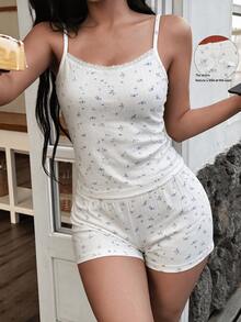 2 Pieces Set Woman Floral Ribbed Pajama Set, Lace Trim Cami Top With Bow And Elastic Waist Shorts, Women Night Wear Women Loungewear - White - View 4