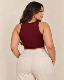Cropped Regata Laço Plus Size Amarração Lateral Suplex Elegante Chic Confortável Festa Escritorio Noite Casual Estilosa Tendencia Moda Primavera Verão 2026 - bordô - Visão 8