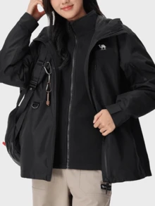 CAMEL CROWN 女款 3 合 1 防水滑雪外套，附可拆卸抓絨內層，防風連帽冬季雨衣，適合徒步、露營、雪地活動 - 幻影黑 - 查看 2