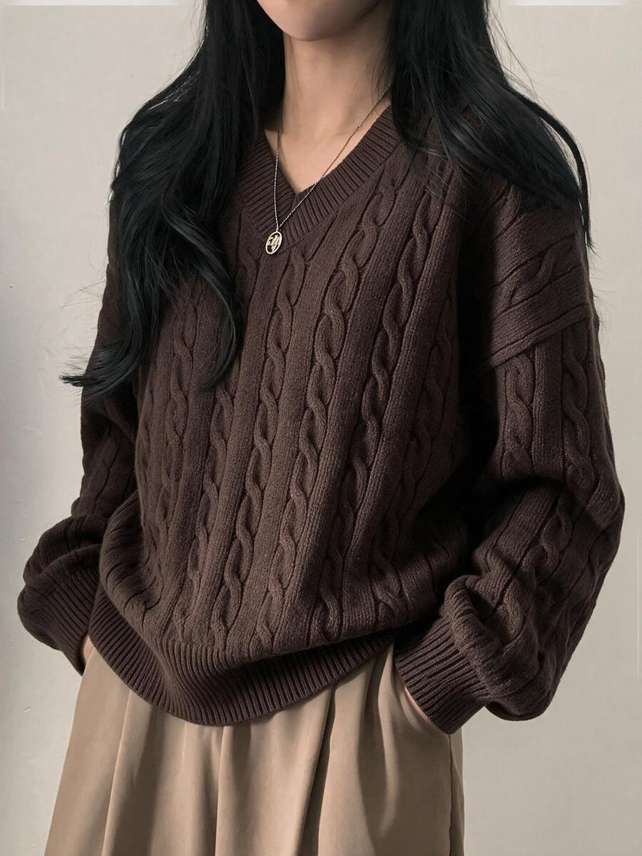 Plus Size Women's Vintage Cable Knit Long Sleeve Pullover Sweater, V-Neck, Versatile For Daily Wear And Commuting, Comfortable And Thick For Home And Autumn/Winter - Brown - View 1