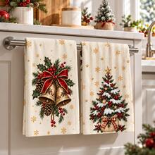2pcs Christmas Kitchen Hand Towels, Christmas Tree Bell Pine Cone Bow Snowflake Print Towels, Holiday Kitchen Decor, Winter Home Decoration, Christmas Gift Set - Multicolor - View 3