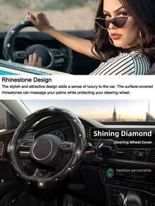 1pc Shiny Rhinestone Steering Wheel Cover, Faux Soft Leather Car Steering Wheel Protector, Includes Rubber Ring, Fits 14.5-15 Inch Round Steering Wheels, Shiny Car Interior Decoration, Car Accessories, Gift For Women - Multicolor - View 4