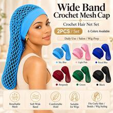 2pcs Short + Long Crochet Mesh Hair Net Cap, Wide Elastic Hair Cover, Suitable For Braids, Dreadlocks, Curly Hair, Long Hair, Wigs And Daily Hair Styling, Burgundy Wig Tool - View 2
