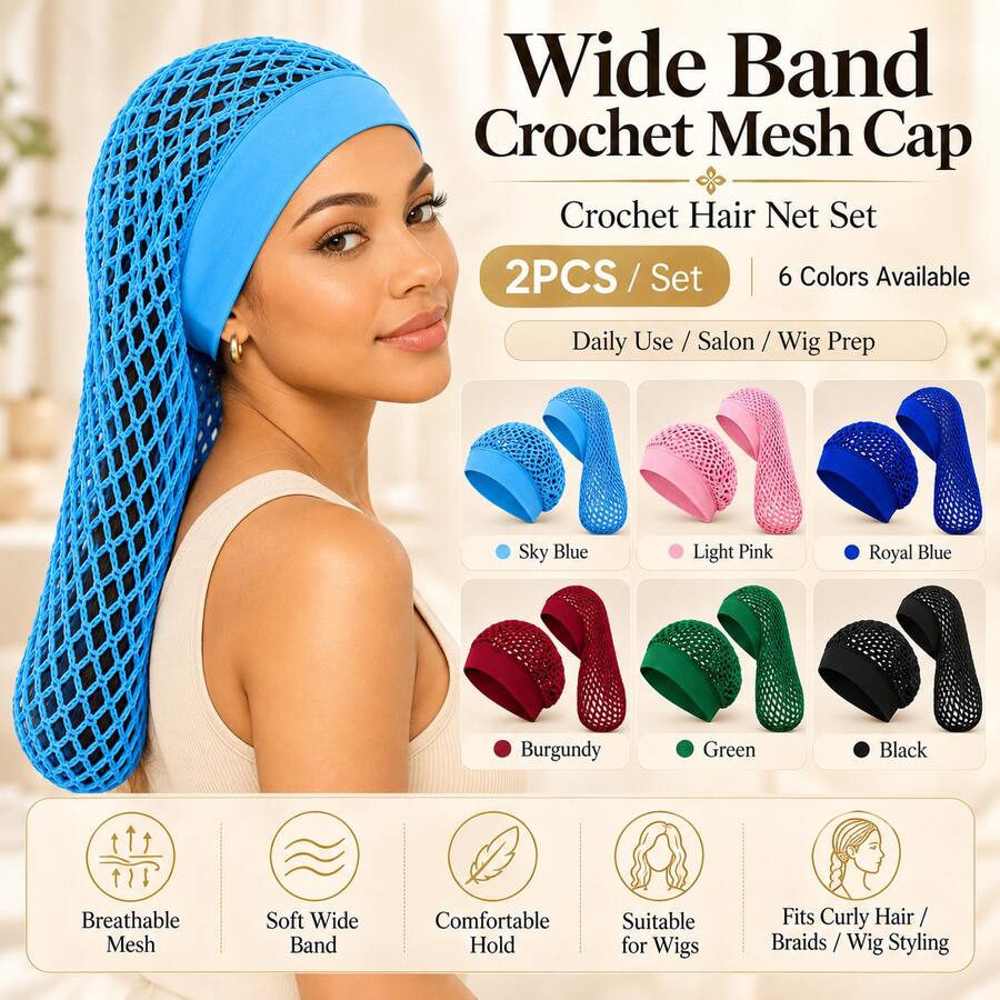 2pcs Short + Long Crochet Mesh Hair Net Cap, Wide Elastic Hair Cover, Suitable For Braids, Dreadlocks, Curly Hair, Long Hair, Wigs And Daily Hair Styling, Burgundy Wig Tool