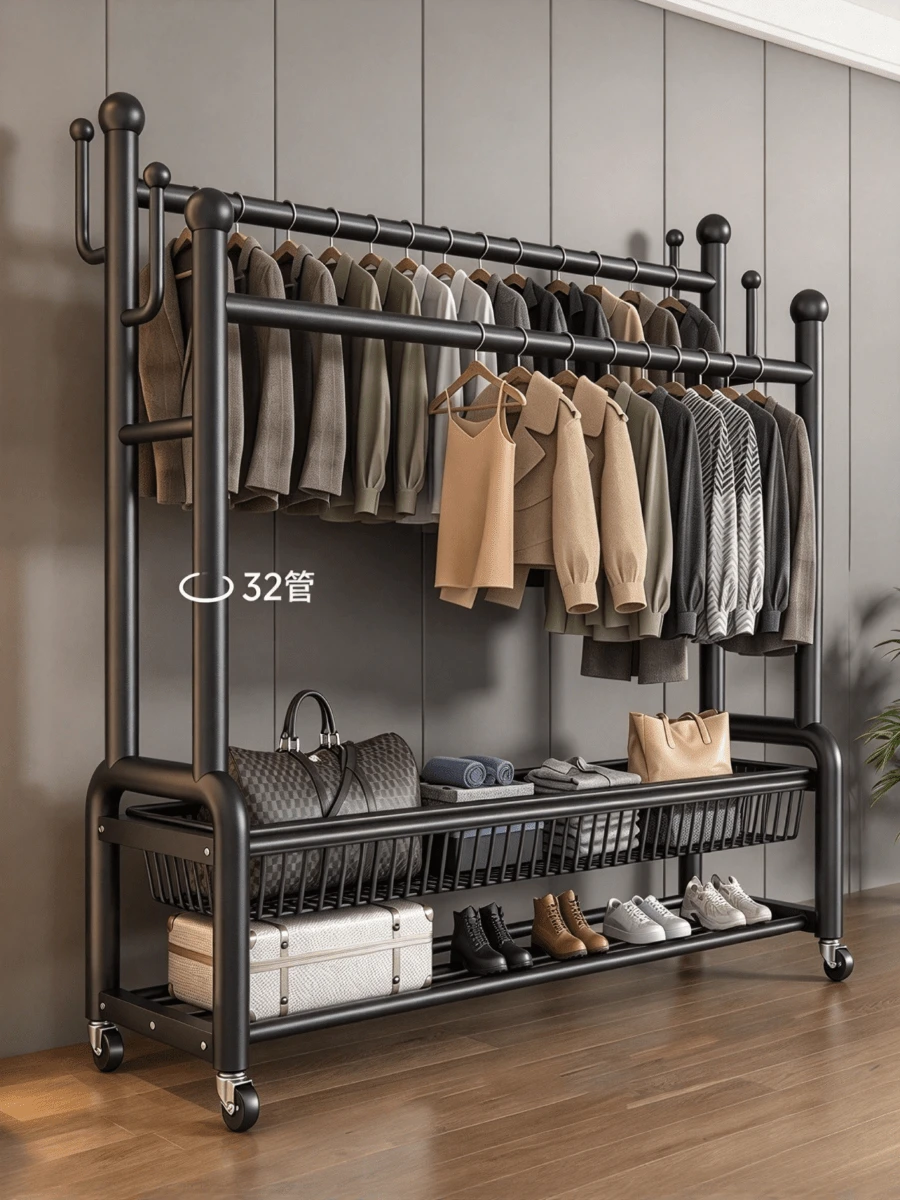 Double Rod Floor Standing Movable Garment Rack, Equipped With Universal Wheels, With Side Hooks, Double Layer Storage Space, Thickened Pipe For Stable Structure, Black And White Colors Optional, Large Capacity For Storing Clothes, Hats And Shoes - Multicolor - View 1