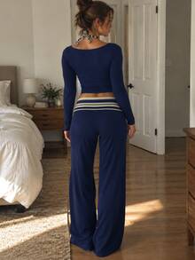 Women's Autumn/Winter 2 Pieces Set, Navy Blue Long Sleeve Top & Striped Wide Leg Pants, High Elasticity, Y2K, FWTrends - Blue - View 6