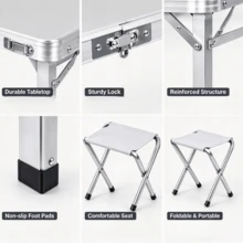 Folding Table And Chair Set, Foldable Handheld Table With Four Folding Stools, Lightweight & Easy To Store, Outdoor Picnic And Stall Table, Suitable For Camping, Markets And Casual Outdoor Dinners Mesa Plegable - Multicolor - View 9