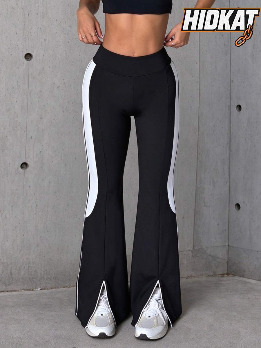 Hidkat Women's Solid Color Patchwork High Waist Elastic Yoga Casual Split Leg Sports Knit Long Pants - Black and White - View 1