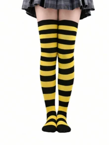 1/2/3 Pairs Yellow, Black, Purple, Black Wide Striped Cosplay Over-The-Knee Socks For Women - Yellow - View 1